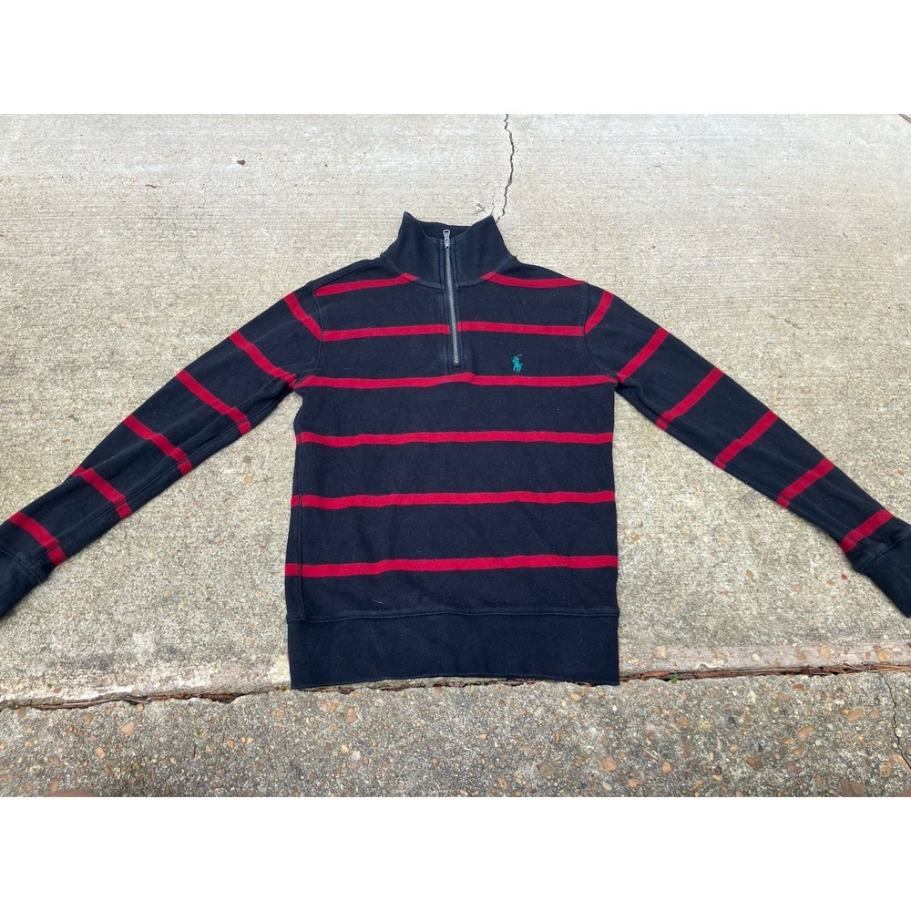 Polo Ralph Lauren Youth Small 8 Quarter Zip Sweater Green Red Stripe Preppy Knit